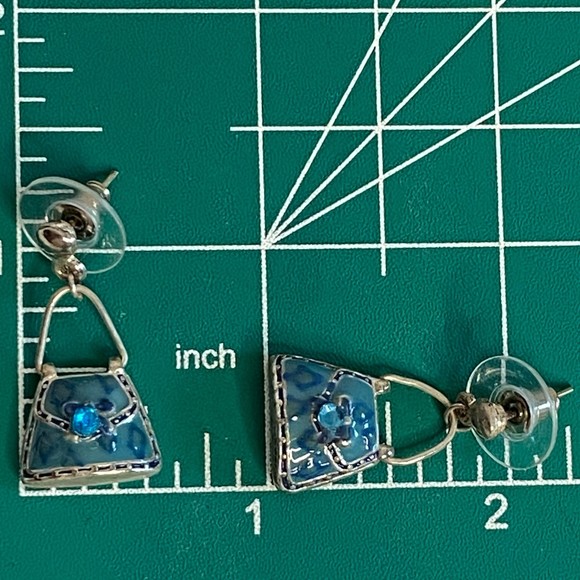 Handbag Earrings Blue Enamel Over Silver Tone Metal With Central Blue Stone - Picture 10 of 10